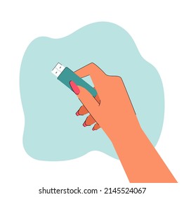 Female hand holding memory stick flat vector illustration. Person holding USB flash drive for storing information. Hardware concept for banner, website design or landing web page