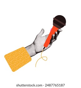 Female hand holding a microphone. Collage halftone paper element in mixed media style. Vector illustration.