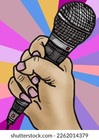 Female hand holding the microphone and with glamorous colors around