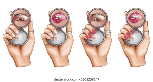 Mano femenina sosteniendo el espejo con reflexión facial. Ilustraciones de maquillaje. concepto de diseño de Salón de Belleza