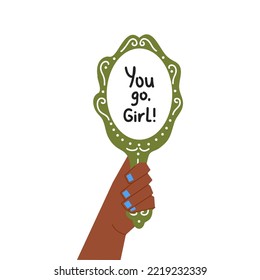 Female hand holding mirror. Motivational quote acceptance self love positive mind concept. Cartoon vector illustration