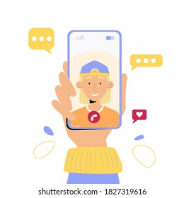 Female hand holding mobile phone with video call from boyfriend. Communication and social networking concept. Vector illustration in flat style for web site, applications, banners