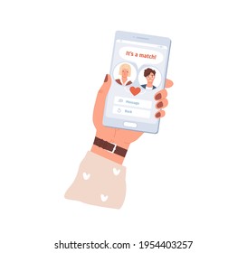 Female hand holding mobile phone with dating app interface. Couple match in online application on smartphone. Virtual pair building. Colored flat vector illustration isolated on white background.