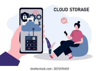 Female hand holding mobile phone with datacenter app. Woman uploading files to cloud storage. Hosting stage service. Data storage and processing. Computing and network services. Vector illustration