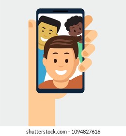 Female hand holding modern cellphone with young smiling men displaying on screen cartoon flat style vector illustration. Isolated on white background