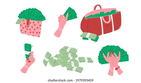 Female hand holding money collection. Wallet and bag full of dollars set. Different success and luxury symbols in flat style.
