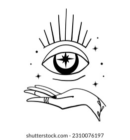 Female hand holding a mystical eye, magical witch tattoo, mystery concept, fortune teller, boho sticker, vintage icon, all-seeing masonic eye. Line art vector illustration, hand drawn sketch isolated 