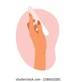 Female hand holding a nail file. Women's hands with a manicure. Nail care, beauty treatment aesthetic. Vector illustration in cartoon style. Isolated white background