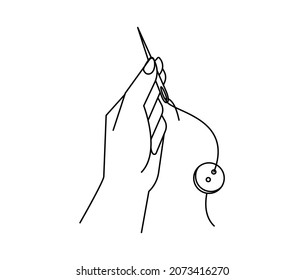 Mano femenina sujetando una aguja con hilo y botón. Simple ilustración lineal para la creatividad y el hobby. Diseño de banner o costura y concepto de sitio web.