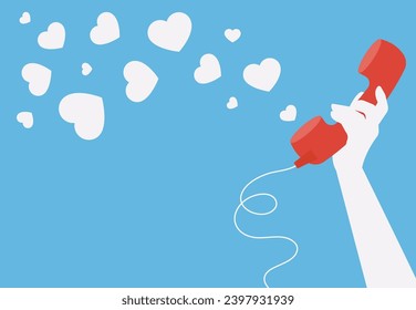 Female hand holding old style retro phone with heart shapes flying out. Blue horizontal background with place for your text. Valentine card, wedding invitation, promo sale banner template.