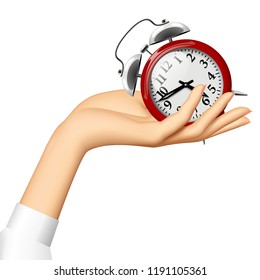 Female hand holding on the palm a red retro alarm clock. Vector Illustration