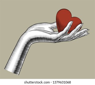 Female hand holding on the palm a red heart. Retro style valentine greeting card design. Vintage color engraving stylized drawing. Vector illustration