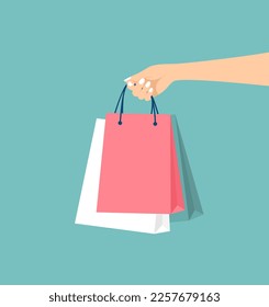 Female hand holding packages on a green background. Shopping concept. Vector illustration in flat style
