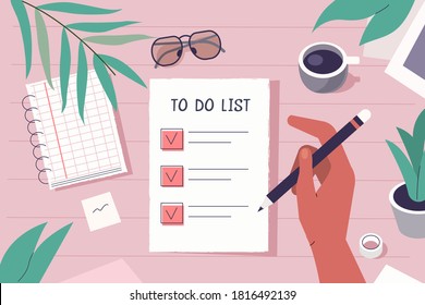 Female Hand holding Pencil and putting Check Marks on To Do List. Modern Office Desk with Planner, Organizer, Notebook. Planning and Personal Organizer Concept.  Flat Cartoon Vector Illustration.