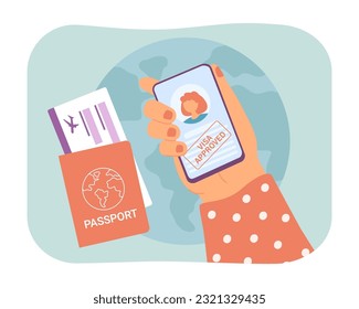 Female hand holding phone with approved visa on screen. Tech worker getting legal document for international employees, passport with boarding pass vector illustration. Visa, traveling, career concept