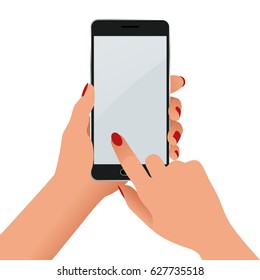 Female Hand Holding A Phone With Blank Screen. Flat Isolated Illustration On White Background