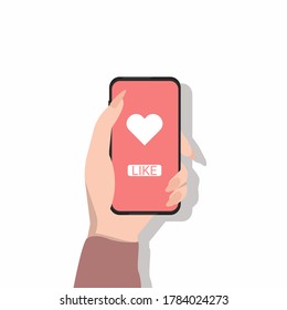 Female Hand Holding Phone With Like Icon On Display Over White Background. Social Media Concept. Vector Illustration, Square