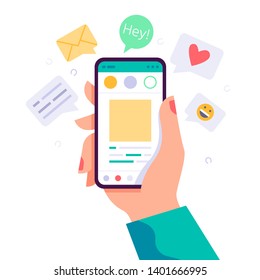 Female Hand Holding Phone With Message, Icons And Emoji. Communication Concept On White Background. Social Networking Concept. Vector Flat Cartoon Illustration For Web Sites And Banners Design