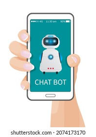 Female hand holding phone with mobile application, artificial intelligence. Online chat with droid system. Simulation of conversation with assistant at phone screen, help chat bot, electronic creature