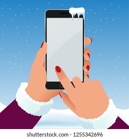 Female hand is holding a phone outside in the frost in winter. Blank screen smartphone vector illustration