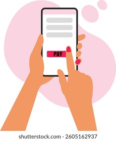 Female hand holding phone with payment process on screen. Person paying for service or taxes via mobile application flat vector illustration. Technology, finances concept for banner, website design

