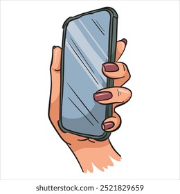 Female hand holding a phone with the screen forward. Illustration on a white background in line style.