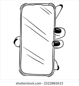 Female hand holding a phone with the screen forward. Illustration on a white background in line style.