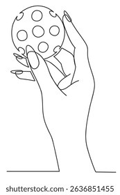 Female hand holding pickleball ball with fingertips, drawn in one line, isolated on white background. Outline vector illustration.