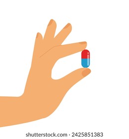 Female hand holding pill with two fingers. Medical tablet or food supplement. Painkiller capsule. Isolated close up. Wellbeing, therapy and recovery concept.