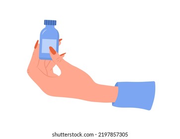 Female hand holding pills bottle. Healthcare concept. Woman drinks antidepressants. Vector illustration in flat cartoon style. Medication and pharmaceutical drug.