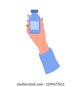 Female hand holding pills bottle. Healthcare concept. Woman drinks antidepressants. Vector illustration in flat cartoon style. Medication and pharmaceutical drug.