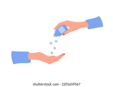 Botella de píldoras de mano para mujeres. Concepto de salud. La mujer bebe antidepresivos. Ilustración vectorial al estilo de las caricaturas planas. Medicación y fármaco farmacéutico.