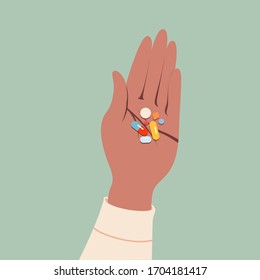 Female hand holding pills. Colourful pills, drugs, vitamins in woman's hand. Healthcare, coronavirus and medicine concept. Hand-drawn modern vector illustration for web banner, card design. 