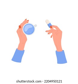 Female hand holding pills. Healthcare and medicine concept. Woman drinks vitamin complex and minerals. Vector illustration in flat cartoon style. Medication and pharmaceutical drug.