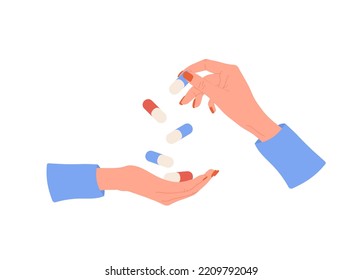 Píldoras de mano para mujeres. El concepto de salud y medicina. La mujer bebe vitaminas y minerales. Ilustración vectorial al estilo de las caricaturas planas. Medicación y fármaco farmacéutico.