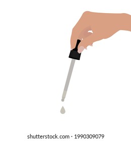 Female Hand Holding Pipette and Dropping Liquid, Isolated on White Background. Vector Illustration