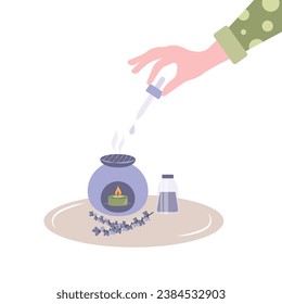 Female hand holding pipette with lavender essential oil and drops oil into an aroma lamp on a white background. Flat vector illustration.