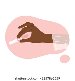 Female hand holding a pregnancy test with a positive result. Pregnancy and waiting for the birth of a child. Vector illustration in cartoon style. Isolated white background