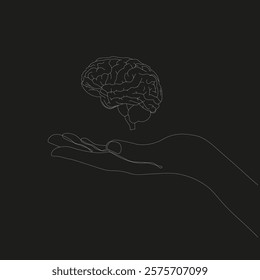 Female hand holding real brain palm up on black background. Gesture.