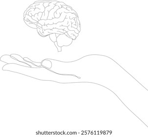 Female hand holding real brain palm up on white background. Gesture.