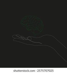 Female hand holding real green brain palm up on black background. Gesture.