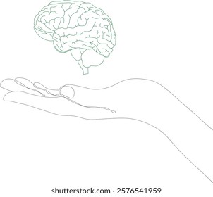 Female hand holding real green brain palm up on white background. Gesture.