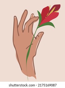 female hand holding a red flower, Girl power. Feminism Modern vector illustration in flat style.