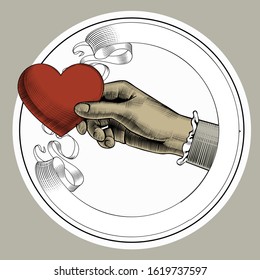 Female hand holding a red heart. Retro style valentine greeting card design. Vintage engraving stylized drawing. Vector illustration.