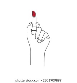 Female hand holding red lipstick. Line art drawing. Cosmetics concept. Hand drawn vector illustration.