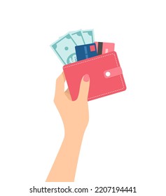 Mano femenina sosteniendo billetera roja con efectivo y tarjetas de crédito aisladas en fondo blanco. Ilustración vectorial plana