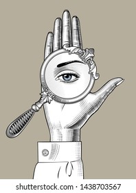 Female hand holding a round decorative mirror with a reflection of eye. Vintage engraving stylized drawing. Vector illustration