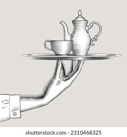 Female hand holding a round tray with coffee or tea pot and cup. Vintage engraving stylized drawing. Vector illustration