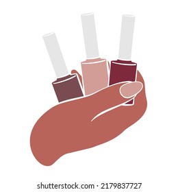 Female hand holding a set of three nail polish bottles as a hand drawn vector in neutral tones