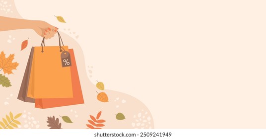 Female hand holding shopping bags and falling autumn leaves around on beige background, copy space. Autumn sale. Flat vector illustration